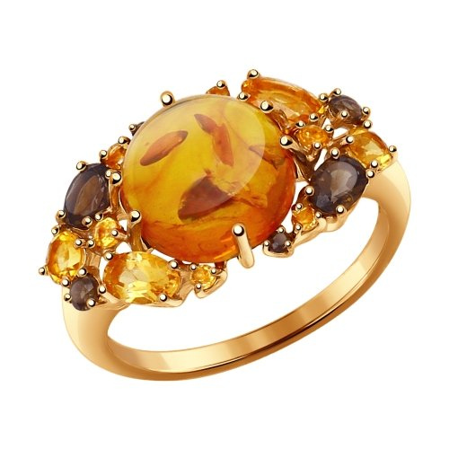 Кольцо из золота с янтарем, раух-топазом, арт. 714349